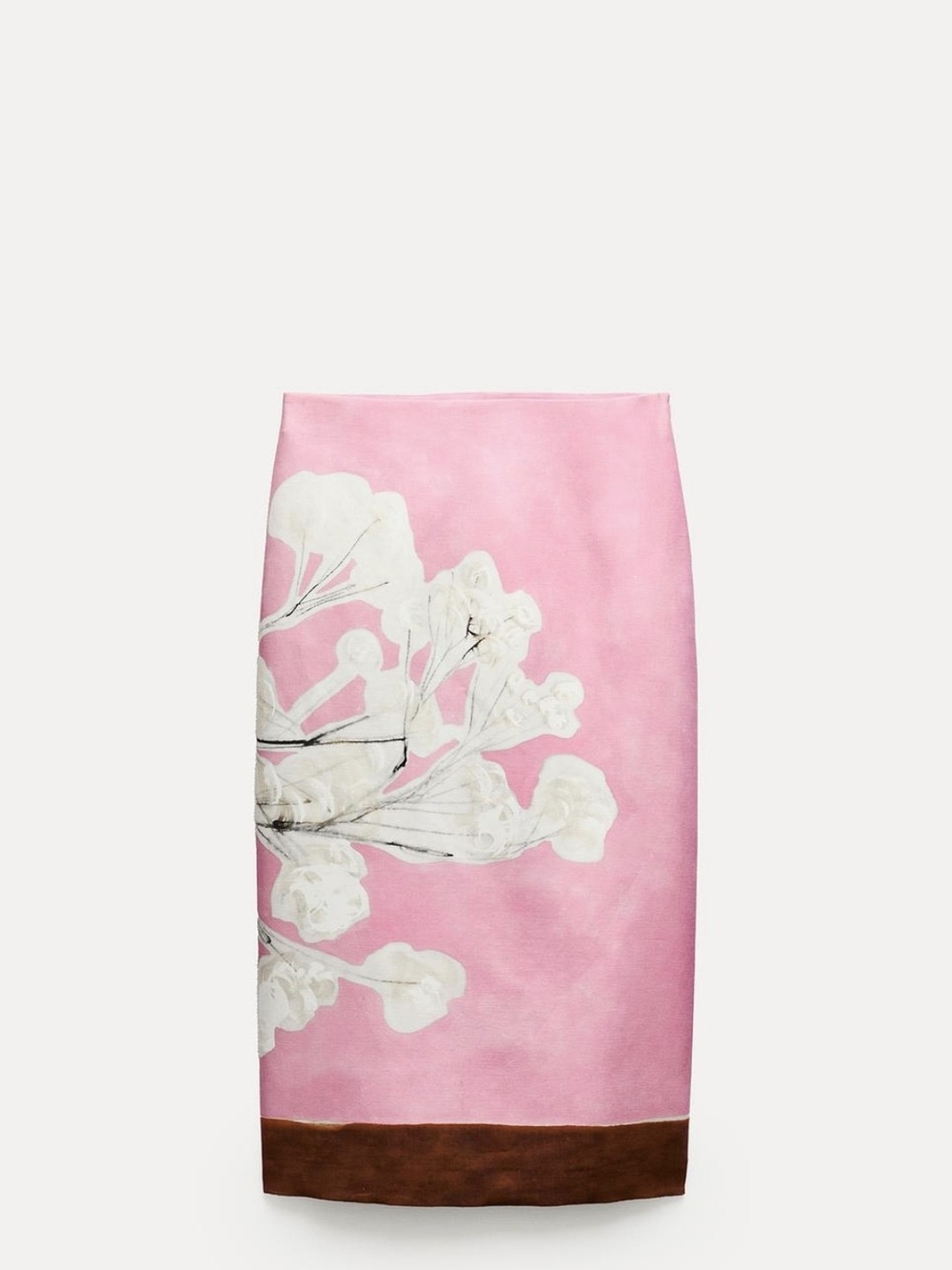 Zara Pink Floral Pencil Skirt with Brown Hem